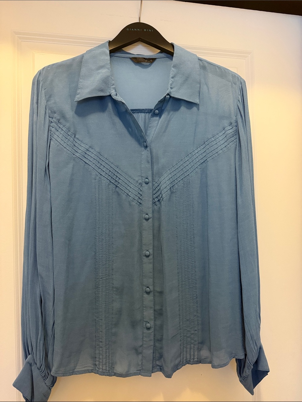 Zara Sky Blue Button-Front Pintuck Blouse